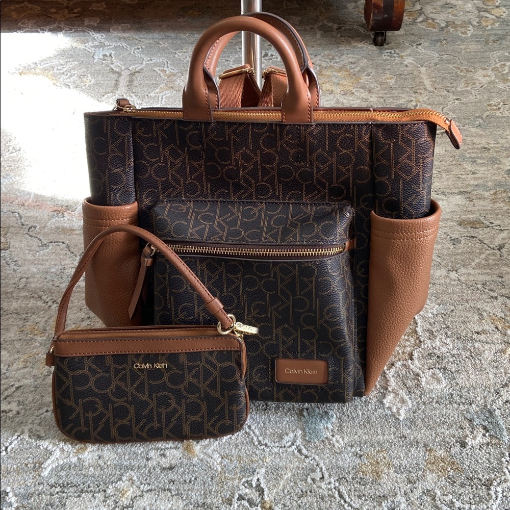 Calvin Klein Signature Brown and Black Backpack and Pouch